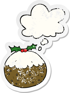 Düşünce baloncuklu Noel pudingi insan tarafından çizilmiş yıpranmış bir çıkartma.