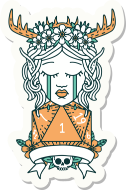 Hüzünlü bir Elf Druid karakterinin çıkartması. İnsan tarafından çizilmiş doğal bir D20 rulo.