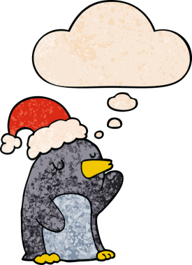 Bir insan tarafından çizilmiş grunge desenli düşünce baloncuğu olan şirin bir çizgi roman pengueni.