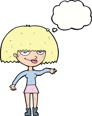 Kendini beğenmiş kadın bir insan tarafından çizilmiş düşünce baloncuğuyla küçümseyici bir jest yapıyor.