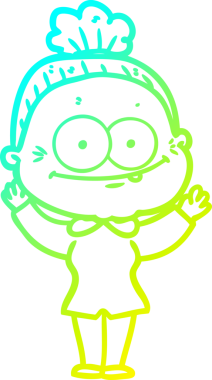 Bir insan tarafından çizilmiş, mutlu, yaşlı bir kadının çizimi.