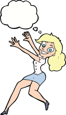 Bir insan tarafından çizilmiş düşünce baloncuğuyla zıplayan mutlu kadın çizgi filmi.