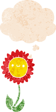 Düşünce baloncuğu ve grunge desenli karikatür çiçeği bir insan tarafından çizilmiş.