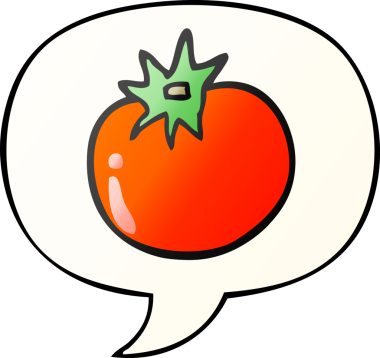 bir insan tarafından çizilmiş, konuşma baloncuklu çizgi film domatesi.