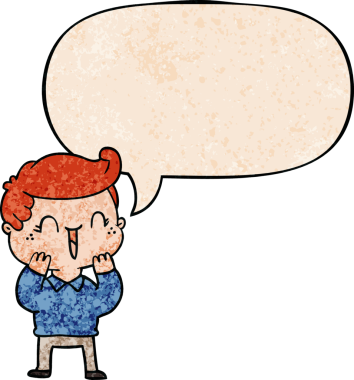 Bir insan tarafından çizilmiş eski tarz konuşma baloncuğu olan çizgi film çocuğu.