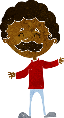 Bir insan tarafından çizilmiş bıyıklı mutlu adam çizgi filmi.