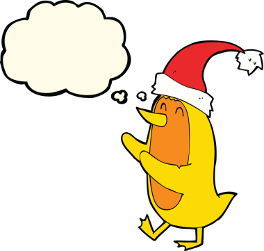 Bir insan tarafından çizilmiş düşünce baloncuklu Xmas şapkalı çizgi film kuşu.