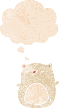 Karikatür kutup ayısı grunge 'da düşünce baloncuğu olan sıkıntılı retro desenli bir insan çizimi.