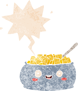 Tatlı bir çizgi film kasesi içinde konuşma baloncuğu olan bir insan tarafından çizilmiş eskimiş desenli tatlı bir şeker.