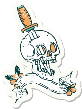 Bir insan tarafından çizilmiş kafatasının pankartıyla eski bir etiket.