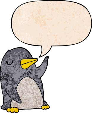 Konuşma baloncuğu olan karikatür pengueni insan tarafından çizilmiş.