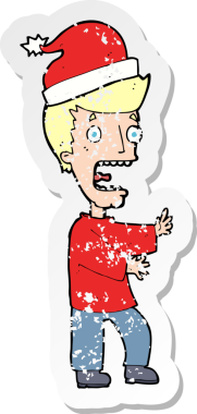 Bir insan tarafından çizilmiş Noel 'e hazır karikatürcü bir adamın gerilimli çıkartması.