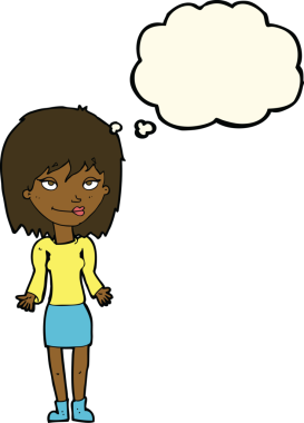 Bir insan tarafından çizilmiş düşünce baloncuğuyla omuz silken çizgi film kadını.