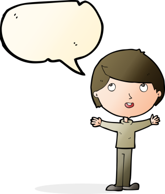 Bir insan tarafından çizilmiş konuşma balonu olan mutlu bir çocuk.