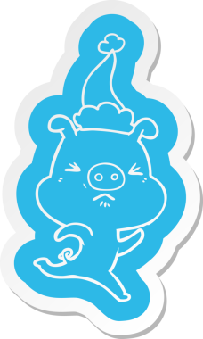 Bir insan tarafından çizilmiş Noel Baba şapkası giymiş kızgın bir domuzun garip çizgi film etiketi.