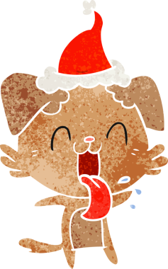 Bir insan tarafından çizilmiş, nefes nefese kalmış, Noel Baba şapkası takan bir köpeğin eski çizgi filmi.