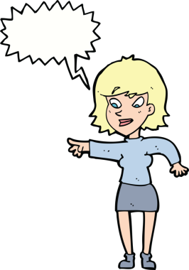 Bir insan tarafından çizilmiş bir konuşma balonuyla işaret eden çizgi film kadını.