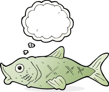 Bir insan tarafından çizilmiş düşünce baloncuklu çizgi film balığı.