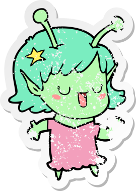 Bir insan tarafından çizilmiş mutlu uzaylı kız çizgi filminin sıkıntılı çıkartması.