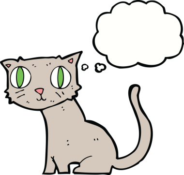 Bir insan tarafından çizilmiş düşünce kabarcığı olan çizgi film kedisi.