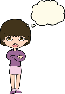 Bir insan tarafından çizilmiş düşünce balonuyla kollarını kavuşturmuş çizgi film kadını.