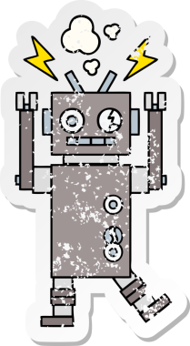 Bir insan tarafından çizilmiş arızalı bir robot çizgi film çıkartması.