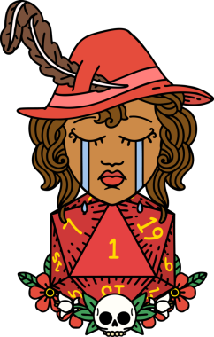 Retro Dövme Tarzı Ağlayan İnsan Ozanı Bir insan tarafından çizilmiş doğal bir D20 zar ile