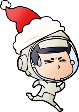 Bir insan tarafından çizilmiş Noel Baba şapkası giymiş stresli bir astronotun el çizimi karikatürü.