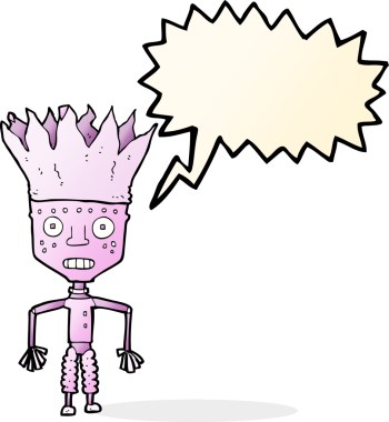 Bir insan tarafından çizilmiş konuşma baloncuklu taç giyen komik çizgi film robotu