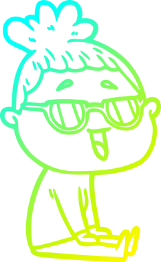 Bir insan tarafından çizilmiş gözlük takan mutlu bir kadının çizgi film çizimi.