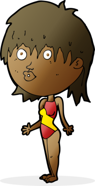 Bir insan tarafından çizilmiş mayolu bir kadın omuzlarını silkiyor.