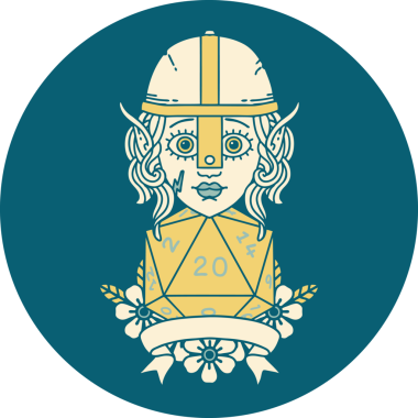 Retro Dövme Tarzı Elf Savaşçısı Doğal 20 zar atışıyla Bir insan tarafından çizilmiş