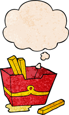 Bir insan tarafından çizilmiş grunge desenli düşünce baloncuklu patates kızartması kutusu.