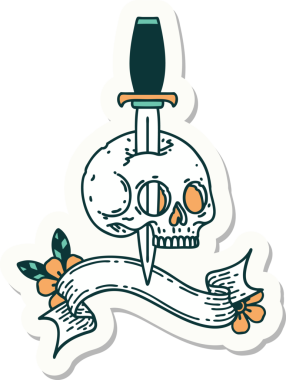 Bir insan tarafından çizilmiş kafatasının pankartıyla dövme stili etiketi