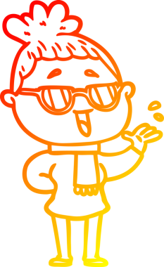 Bir insan tarafından çizilmiş gözlük takan mutlu bir kadının çizgi çizimi.