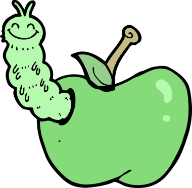 Bir insan tarafından çizilmiş elma yiyen çizgi film böceği.