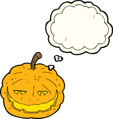 Bir insan tarafından çizilmiş düşünce baloncuklu Cadılar Bayramı balkabağı çizgi filmi.