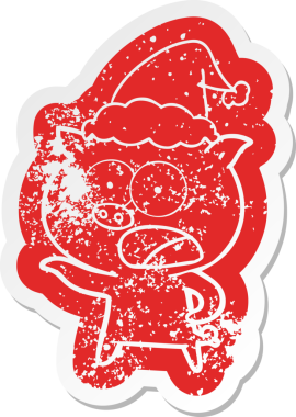 Bir insan tarafından çizilmiş Noel Baba şapkasıyla bağıran bir domuzun garip karikatürü.