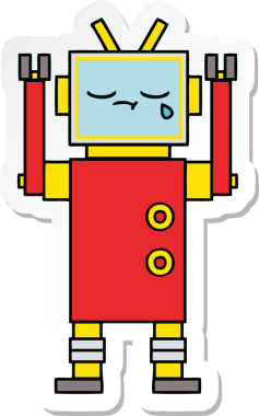 Bir insan tarafından çizilmiş şirin, ağlayan bir robot çıkartması.