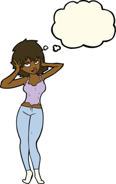 Bir insan tarafından çizilmiş düşünce baloncuğu olan güzel bir kadın.