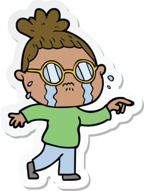 Bir insan tarafından çizilmiş gözlüklü, ağlayan bir kadının çıkartması.