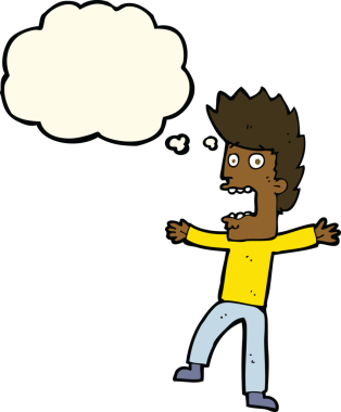 Bir insan tarafından çizilmiş düşünce baloncuğuyla dehşete düşmüş bir adam.