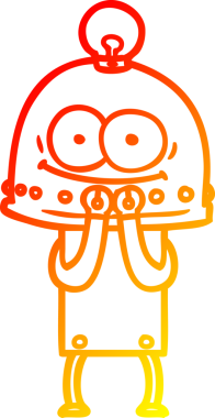 Bir insan tarafından çizilmiş ampullü mutlu bir robot çizimi.