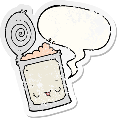 Bir insan tarafından çizilmiş karikatür, konuşma baloncuklu konserve yiyecekler sıkıntılı eski bir çıkartma