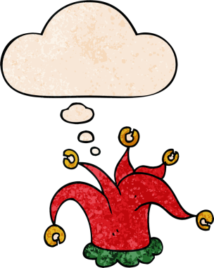 Düşünce baloncuklu çizgi film soytarısı şapkası bir insan tarafından çizilmiş.