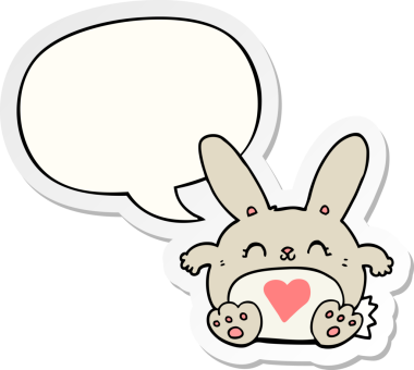 Bir insan tarafından çizilmiş baloncuk çıkartmalı aşk dolu bir çizgi film tavşanı.