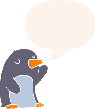 bir insan tarafından çizilmiş, retro tarzı konuşma balonu olan penguen çizgi filmi.