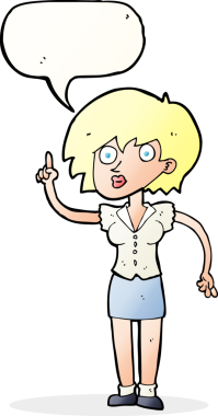 Bir insan tarafından çizilmiş konuşma balonlu soru soran karikatür kadın.