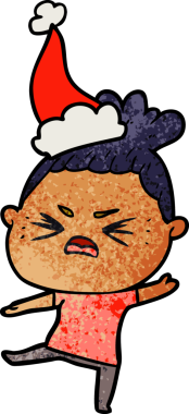 Bir insan tarafından çizilmiş Noel Baba şapkası giymiş kızgın bir kadının el çizimi karikatürü.