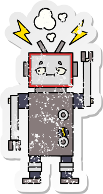 Bir insan tarafından çizilmiş sevimli bir robot çizgi film çıkartması.